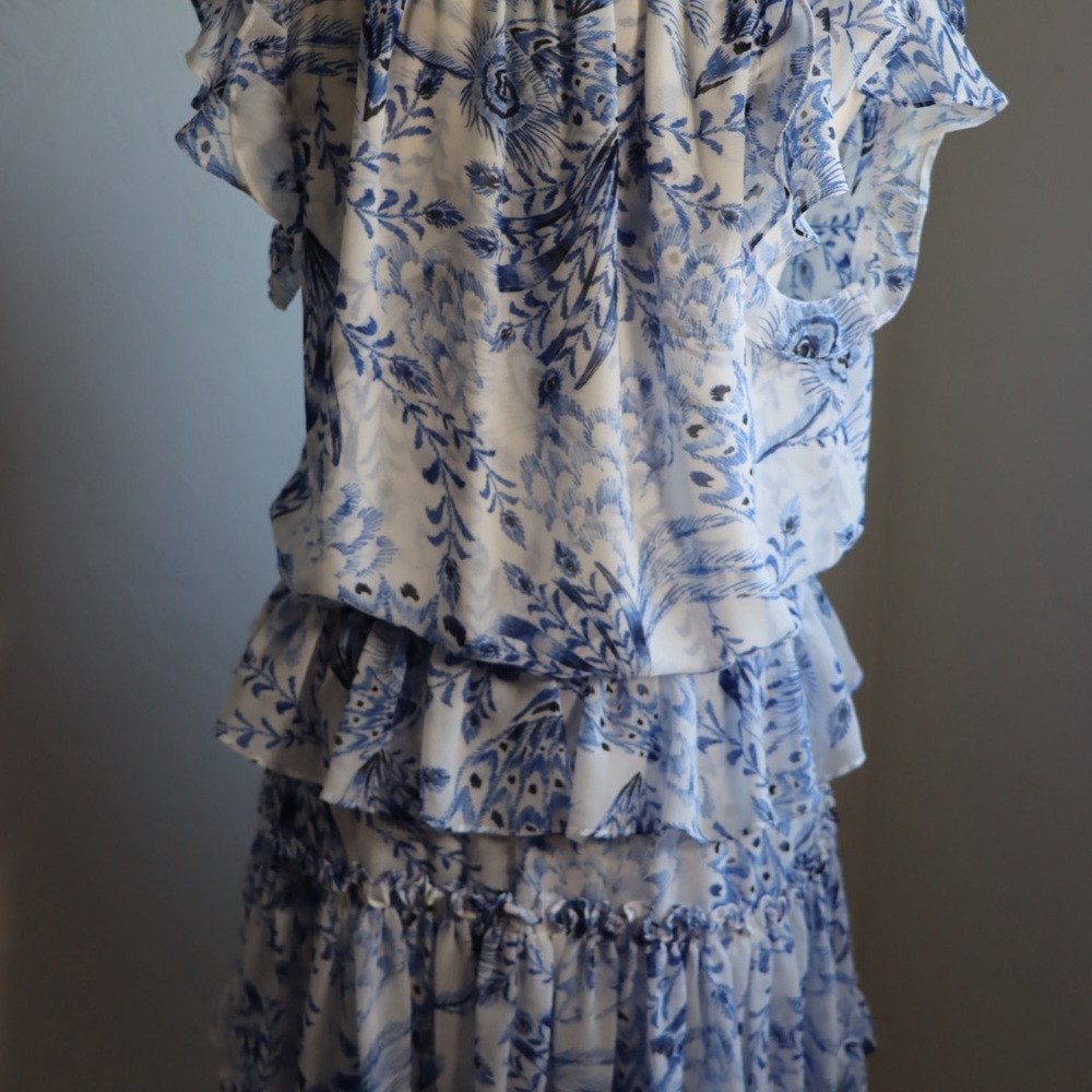 Misa Los Angeles Blue and White Ruffle Dress